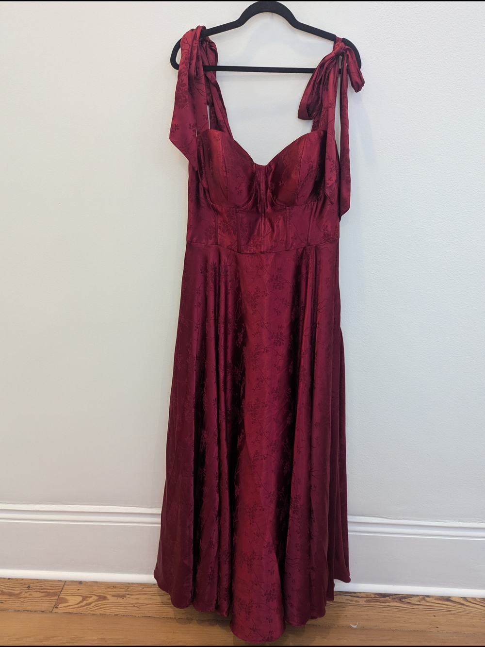 Tie-Shoulder Burgundy Satin Formal Dress
